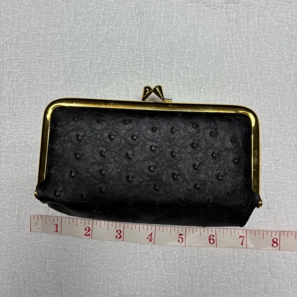 ❤️ Vintage Comeco Black Faux Ostrich Kiss-Lock Wallet with Gold Frame - Picture 5 of 9